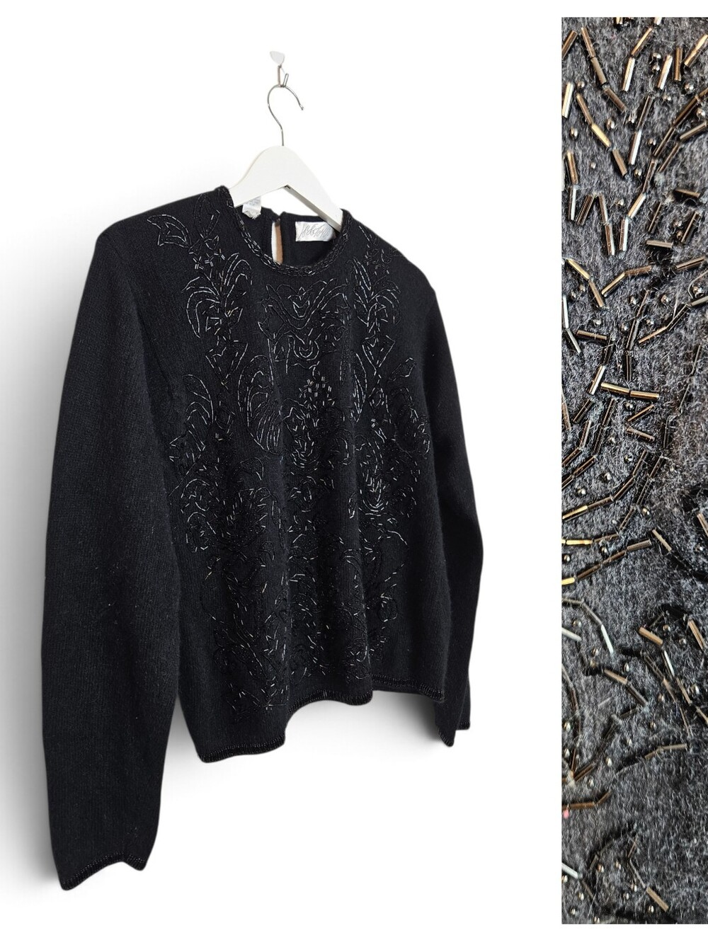 Vintage Lord & Taylor Sweater L Black Beaded Lambswool Angora Evening Party Knit